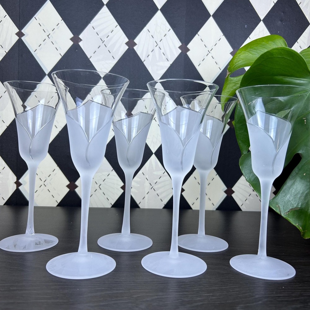 Vintage Sasaki Hana Flutes Frosted Floral Stem Champagne Glasses Set 6 Celestial - Picture 5 of 17